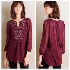 Anthropologie One September Embroidered Top Burgundy